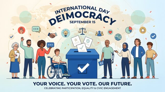 Vector illustration depicting international day of democracy with diverse people and voting box