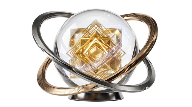 Futuristic glass sphere with golden geometric core, luxury crystal orb with metallic rings, 3D abstract trophy on white background