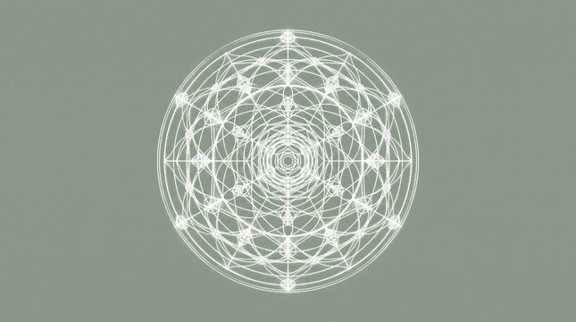 Generative AI vector illustration of a high-precision symmetrical cymatics pattern formed by sound vibrations, using fine sand-textured white lines on a matte sage green background.