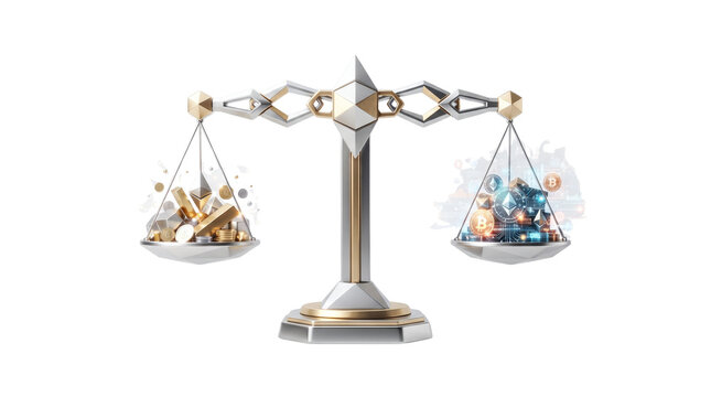 Metallic scales of justice balancing gold bars against digital crypto coins. Financial weight scale representing traditional wealth and cryptocurrency value.