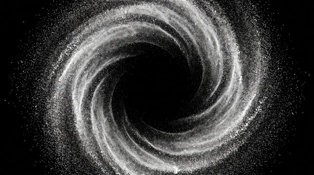 White particle spiral forms a cosmic vortex shape on a dark black background.