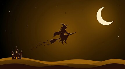 Fototapeta premium Halloween background with a witch flying on a broomstick across the night sky with a crescent moon and a haunted house