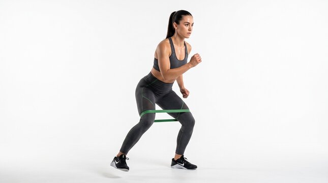 Woman performing lateral band walks exercise with a green resistance band on a white background.