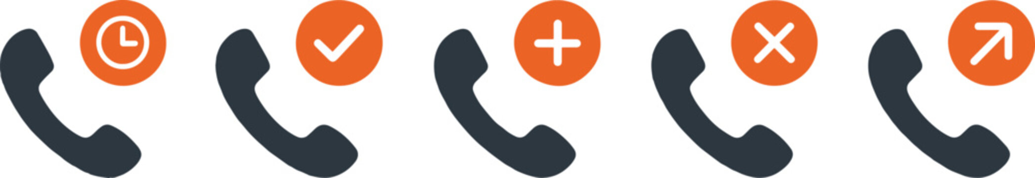 Set of telephone call status icons with clock check plus and cross