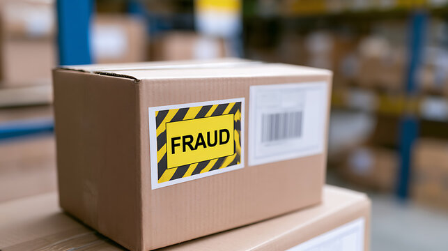 Cardboard delivery package with yellow fraud warning label in warehouse storage facility, security risk concept for supply chain logistics