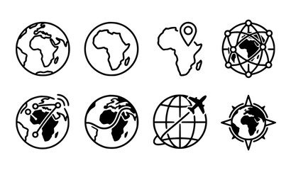 Earth Africa icon set with globe, continent map, location pin, network, airplane, and compass symbols in outline style © Prosenjit