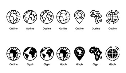Africa vector icon collection with outline and glyph globe, continent map, location pin, and network symbols © Prosenjit