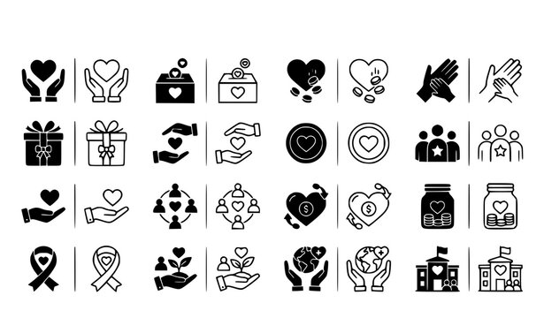 Philanthropy icon vector collection with heart hands, donation box, gift, coin, ribbon, and global care symbols