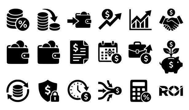 Financial investment vector icon set with coins, wallet, growth chart, handshake, calculator, and ROI symbols in solid style