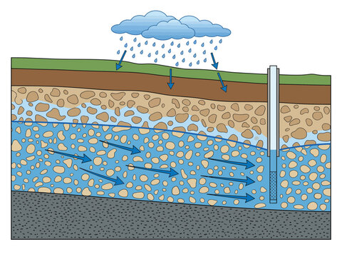Hydrogeological cross section diagram showing groundwater flow water table rain infiltration well extraction with hydrogeology diagram aquifer layer geological cross subsurface water cycle