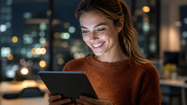 Young woman using a tablet at night with a warm smile, representing digital technology, online communication, entertainment, and modern lifestyle