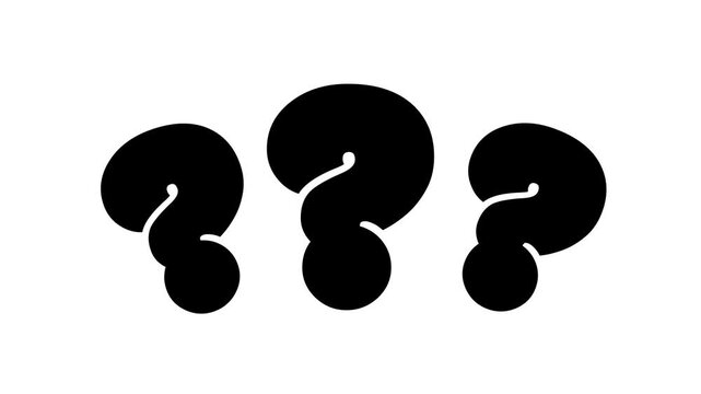 Three black question marks appearing one by one vector animation on white background