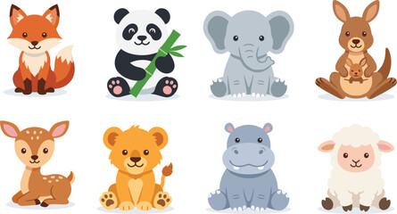 Fototapeta premium Cartoon vector illustrations of cute animals including panda, elephant, kangaroo, fox, lion cub, hippo, sheep, and fawn