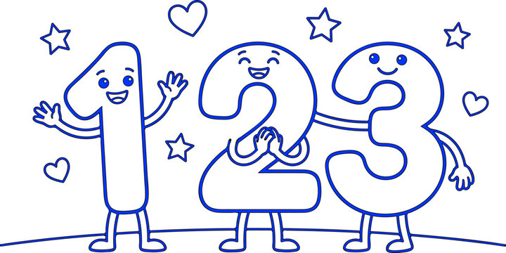 Cute numbers 1 2 3 cartoon characters with stars and hearts, math coloring page for kids vector illustration