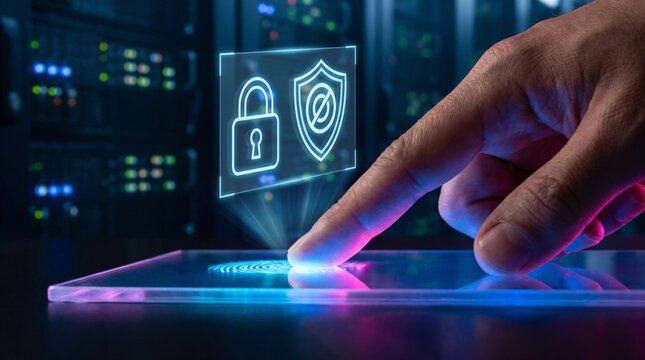 IT professional scanning fingerprint on glowing biometric interface inside data center for secure cloud server access