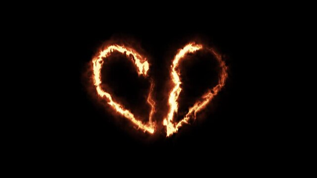 Burning broken heart vector animation with realistic fire flames on black background