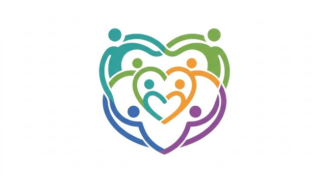 A vibrant abstract illustration shows connected hearts and figures representing love unity community support and human connection together