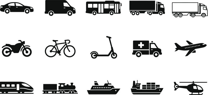 Diverse transportation and logistics solid black icons