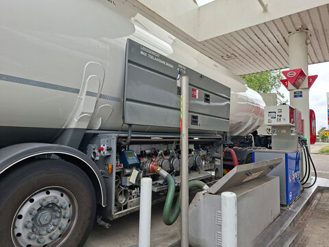 VOGELENZANG, THE NETHERLANDS JULY 17, 2026: Fuel Tanker Delivering Petrol and Diesel to a Gas Station During Routine Refueling Operations