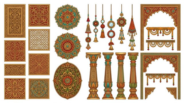 Vintage architectural details from india including columns arches and decorative floral and geometric patterns