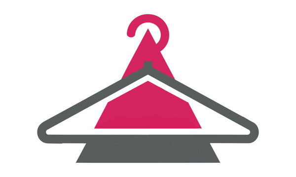 Minimalist fashion icon combining a sleek clothes hanger and equilateral triangle in bold pink and dark charcoal. Modern style concept