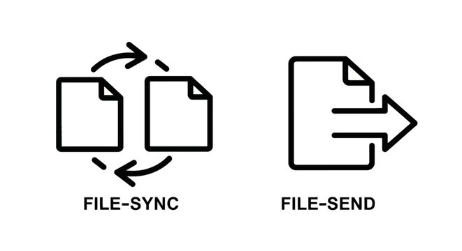 File sync and file send outline icon set showing document synchronization and export symbols with document synchronization transfer computer