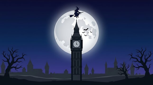 Witch flying on broomstick over clock tower against full moon at night for Halloween background