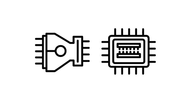 Electronic connector cable plug and microchip processor semiconductor hardware outline icons with outline icon connector microchip processor