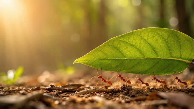 Tiny red ants collaboratively carrying large green leaf on forest floor in sunny environment.