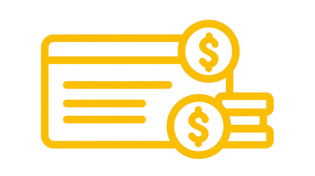 Yellow outline icon representing payment method with credit card and dollar currency coins for financial concept and online commerce transaction
