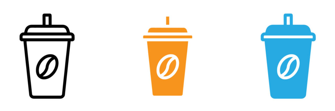 Three colorful to go coffee cups with bean logo in outline and filled styles