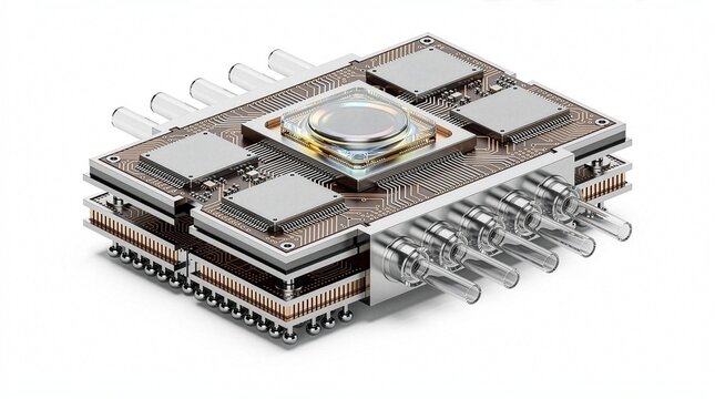 光電融合（CPO）統合基板半導体パッケージの3Dレンダリング 背景白（16:9 プレゼン資料用）