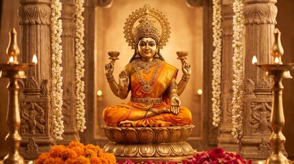Obraz premium Lavishly decorated statue of Goddess Durga during Vijayadashami, surrounded by floral decorations and golden lamps, Ai generated images