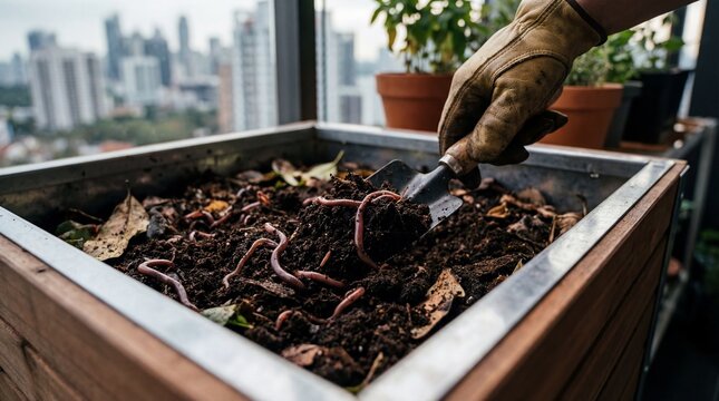 Gloved hand stirring worm compost bin on urban balcony with city skyline photography