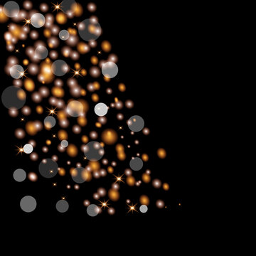 Elegant Golden Bokeh Light Effect with Sparkling Glow on Black Background. Editable.