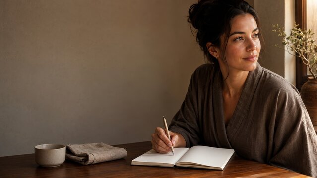 A Caucasian woman writing in a journal beside a window with tea during a calm reflective morning at home