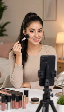 Young woman recording makeup tutorial video on phone at home