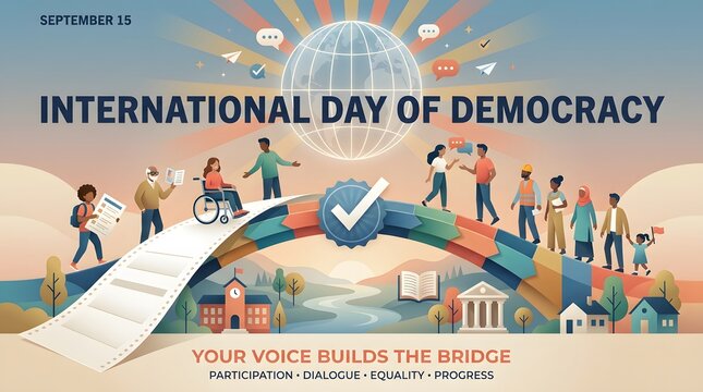 Diverse people ascending a bridge towards a globe vector illustration