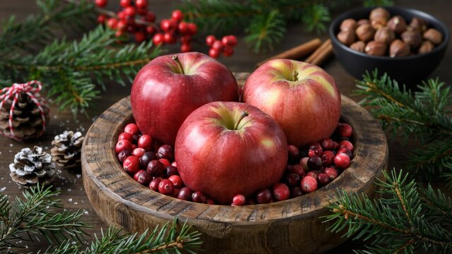 Fresh red apples with cranberries in wooden bowl for Christmas holiday food decoration