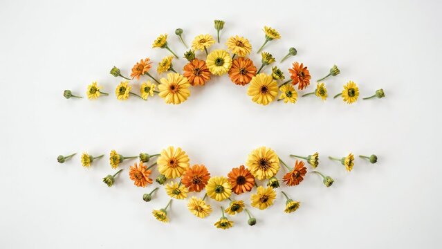 Yellow and orange flower border frame on white background for floral design template.