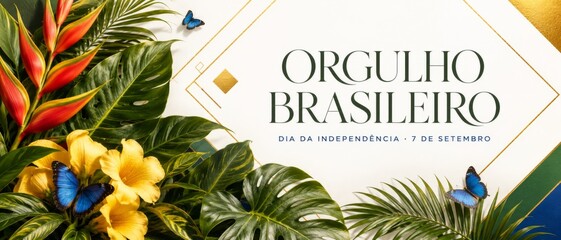 Brazil Independence Day celebration background with tropical flowers and butterflies © dvoevnore