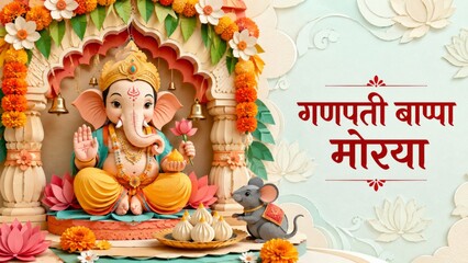 Ganesh Chaturthi celebration with Ganesha idol, vibrant decorations, and festive background © dvoevnore