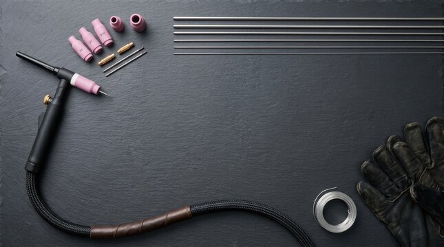 Professional TIG welding torch equipment and accessories flat lay on dark slate background with central copy space for industrial metalwork and fabrication concepts.