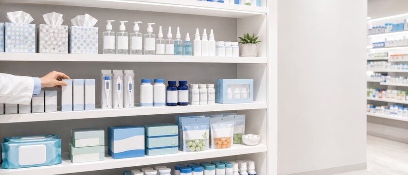 Pharmacy shelf with flu season preparations and blank packaging, copy space