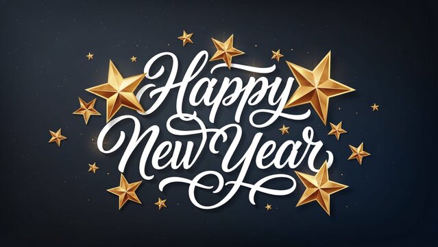 Happy New Year greeting card with golden stars on a dark background