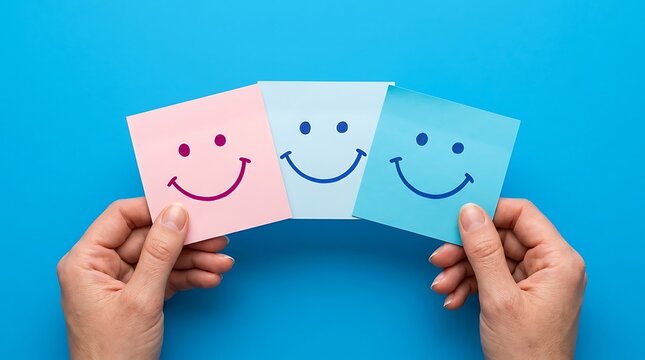 Hands holding three colorful sticky notes with happy smiley face icons