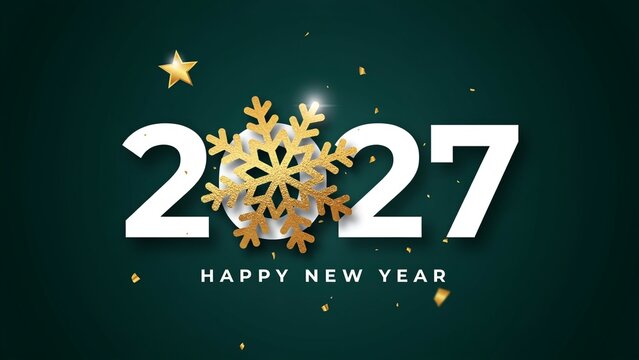 2027 Happy New Year greeting card design with gold snowflake on dark green background