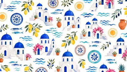 Fototapeta premium Greek isle aesthetic with blue domes, lemons, and fish, suitable for background