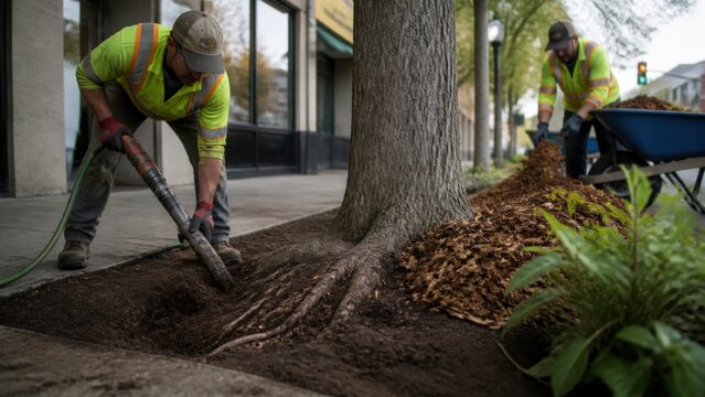 Municipal crew loosens compacted soil with a pneumatic tool and adds porous mulch around a mature street tree