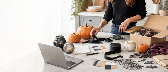 Early holiday preparations with pumpkins, candles, and decorations on a kitchen table © dvoevnore
